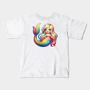 Rainbow Tail Kawaii Blonde Mermaid Kids T-Shirt